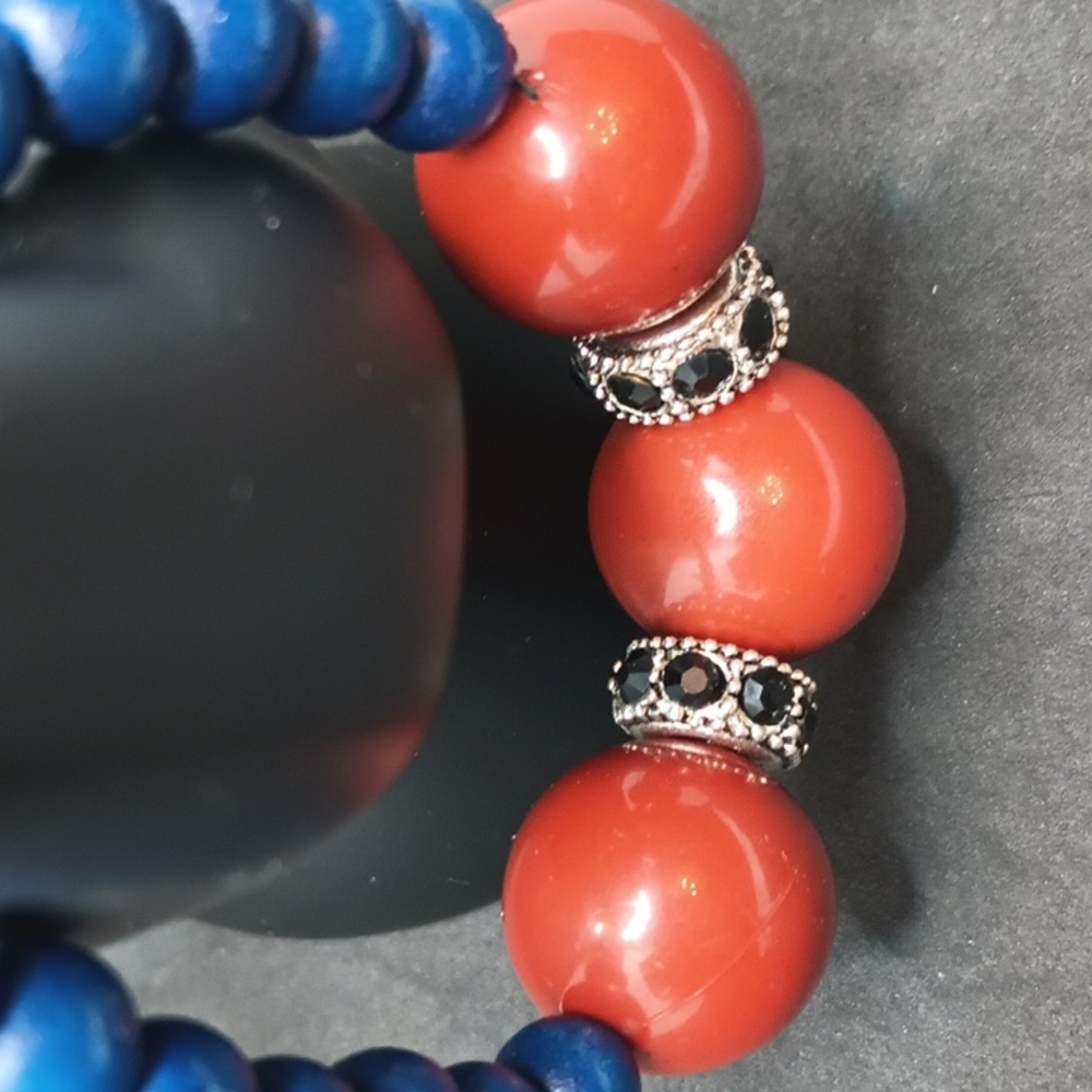 Blue and Brown Beaded Bracelet with Decorative Spacers - Picture 2 of 3